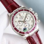 Rolex Daytona Roman Meteorite Dial 24 Red Gems Burgundy Crocodile Leather Band Watch